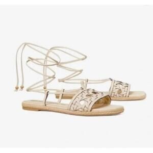 Tory Burch Caning Ankle-Wrap Leather Espadrille Sandals Size 7 NWOT Summer